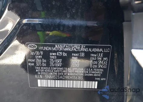 2019 Hyundai Santa Fe Se из США, поврежденный, VIN 5NMS23AD9KH136183